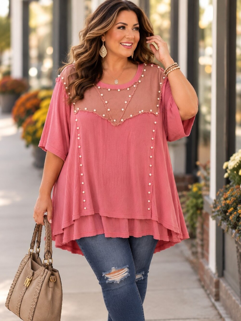 POL Pearl Embellished Coral Raw Edge Boho Tunic Top L